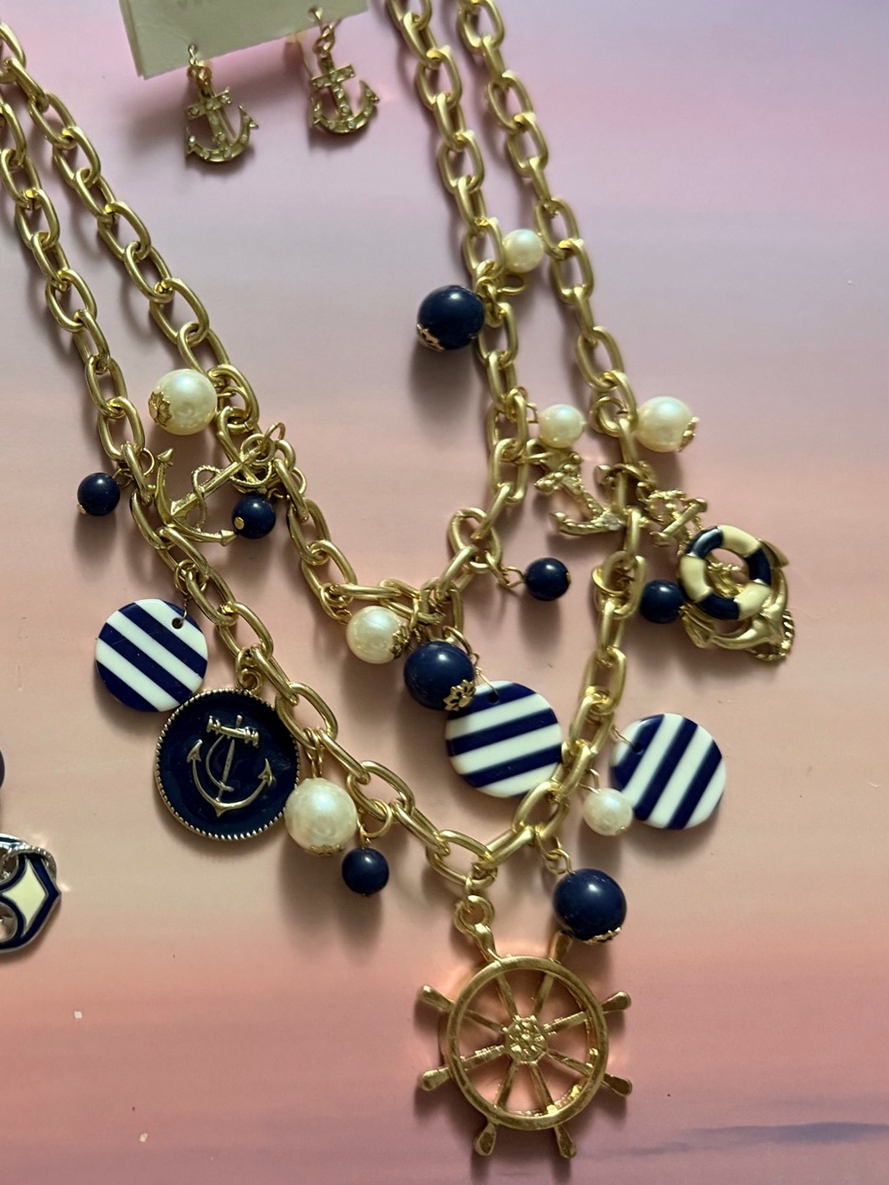 Vintage Boho Boat Anchor Sailing Charm Blues White, Link Necklace Earrings Set